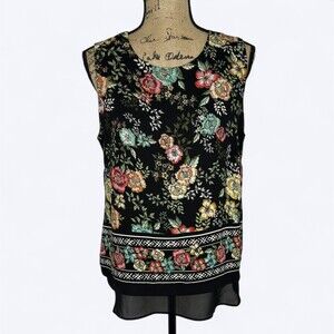 Rose & Olive Sleeveless Top Sz L Black Floral Chiffon Bloomcore Office Career